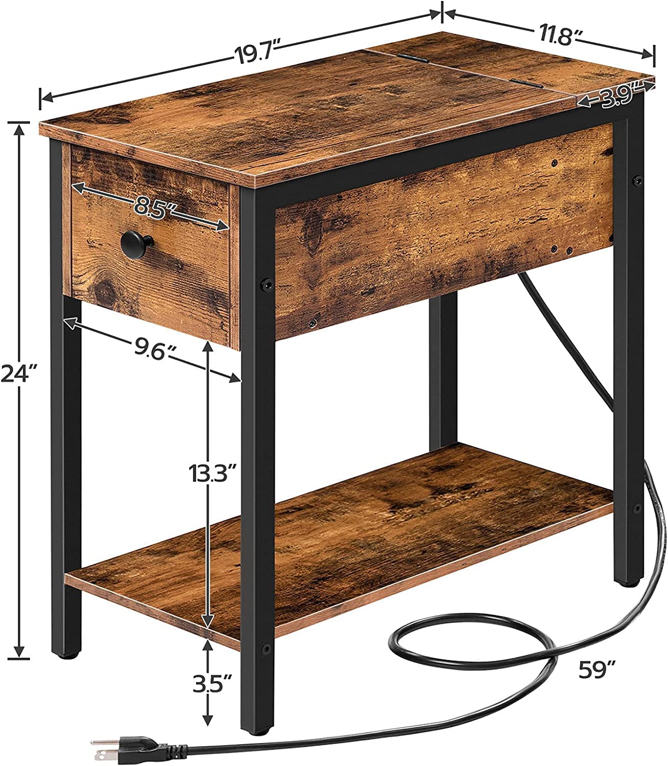 Side Table with Charging Station, End Table with Charging Station and Shelves, Flip Side Table with USB Ports & Power Outlets