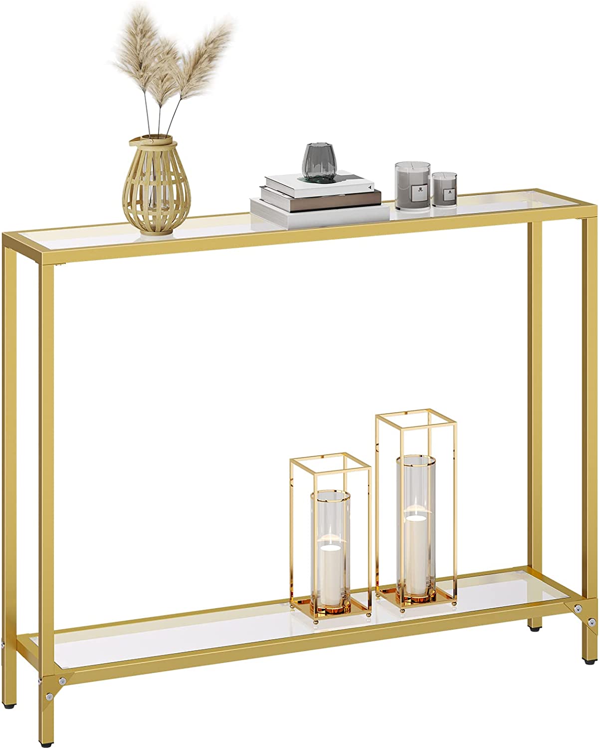 Gold Console Table, Tempered Glass Sofa Table, Narrow Entryway Table
