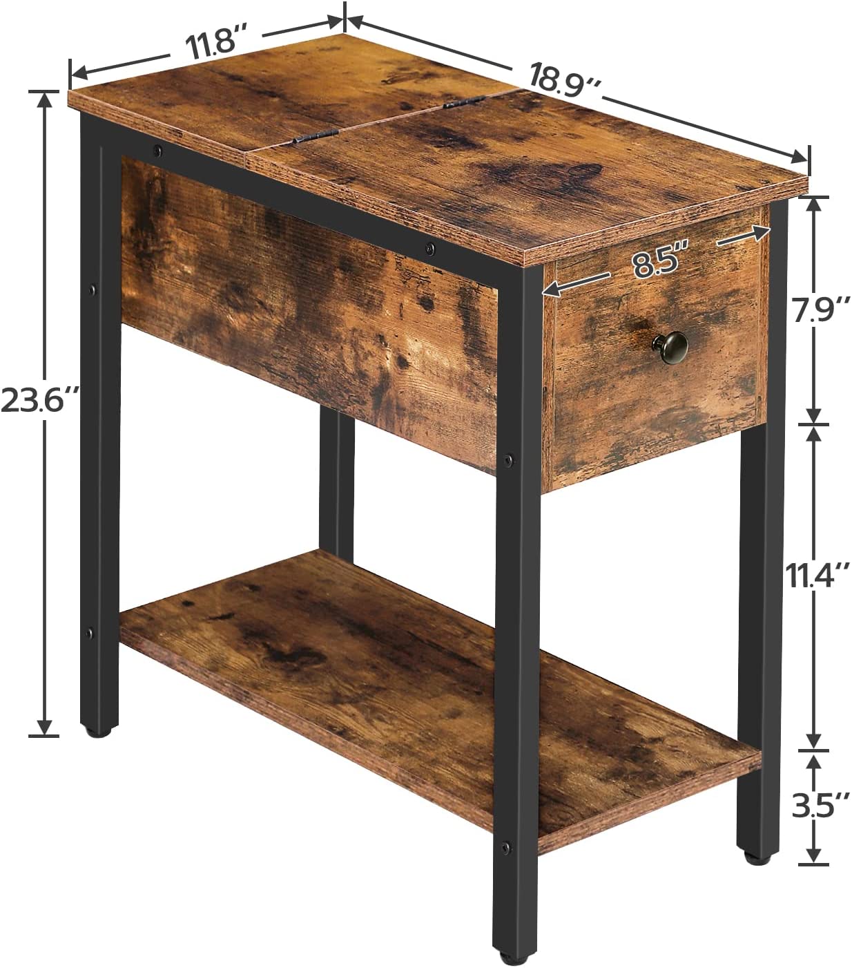 End Table, Flip Top Side Table with Storage Shelf, Narrow Nightstand