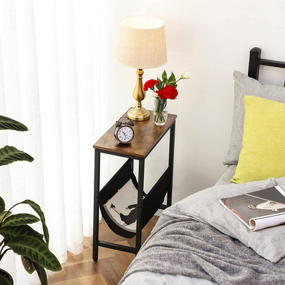 Side Table, Narrow End Table with Magazine Holder Sling, Nightstand