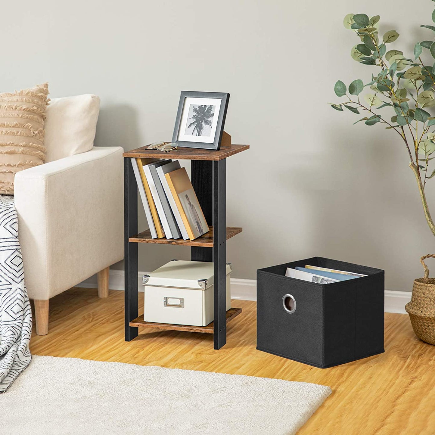 Bedside Table with Pull-Out Collapsible Storage Box, Retro Small Nightstand
