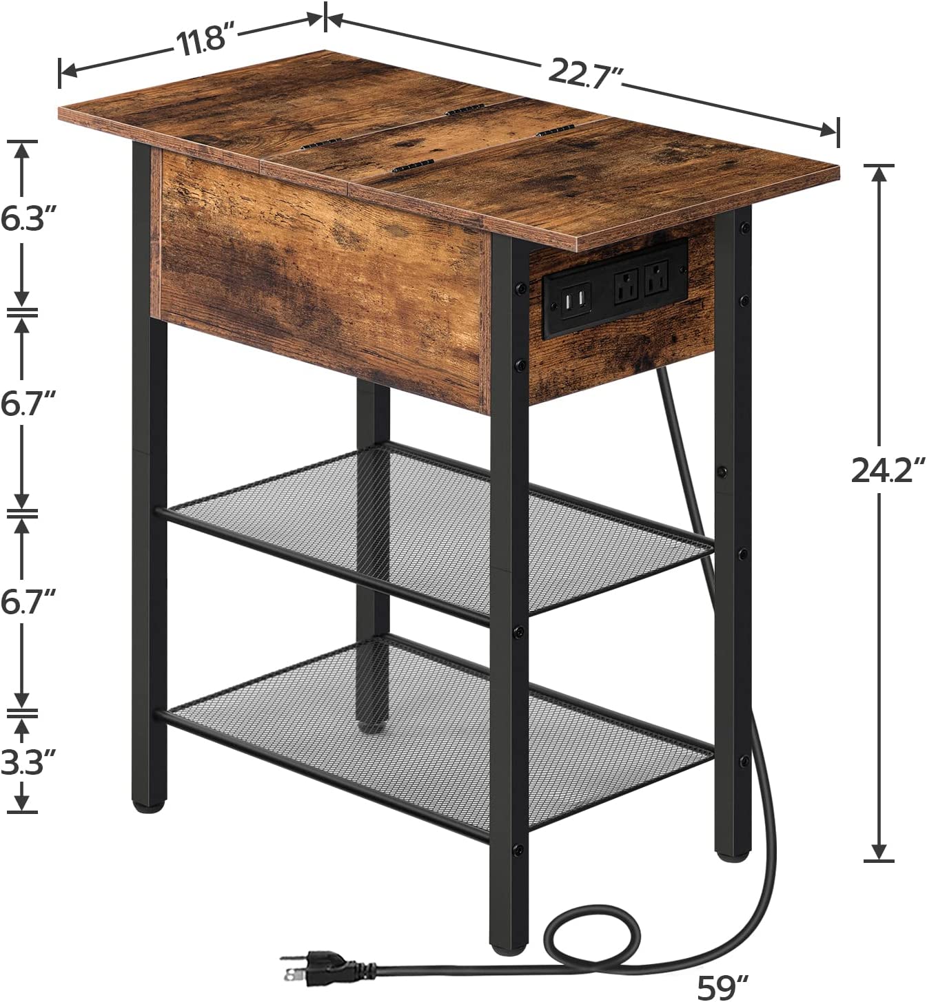 Side Table with Charging Station, End Table with Charging Station and Shelves, Flip Side Table with USB Ports & Power Outlets