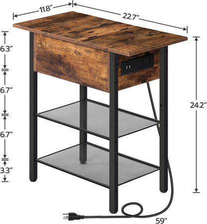 Side Table with Charging Station, End Table with Charging Station and Shelves, Flip Side Table with USB Ports & Power Outlets