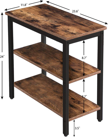 End Table, Simple Rustic Side Table with 3-Tier Storage Shelf, Narrow Nightstand