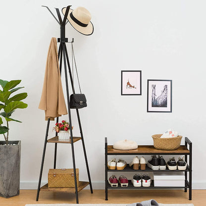 Shoe Bench, 3-Tier Shoe Rack, Industrial Shoe Storage Bench with Mesh Shelves and Handles