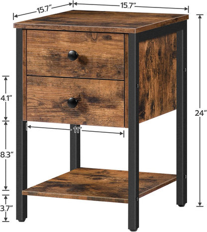 Nightstand with 2 Drawers and Open Shelf, Industrial Square End Table, Bedside Table