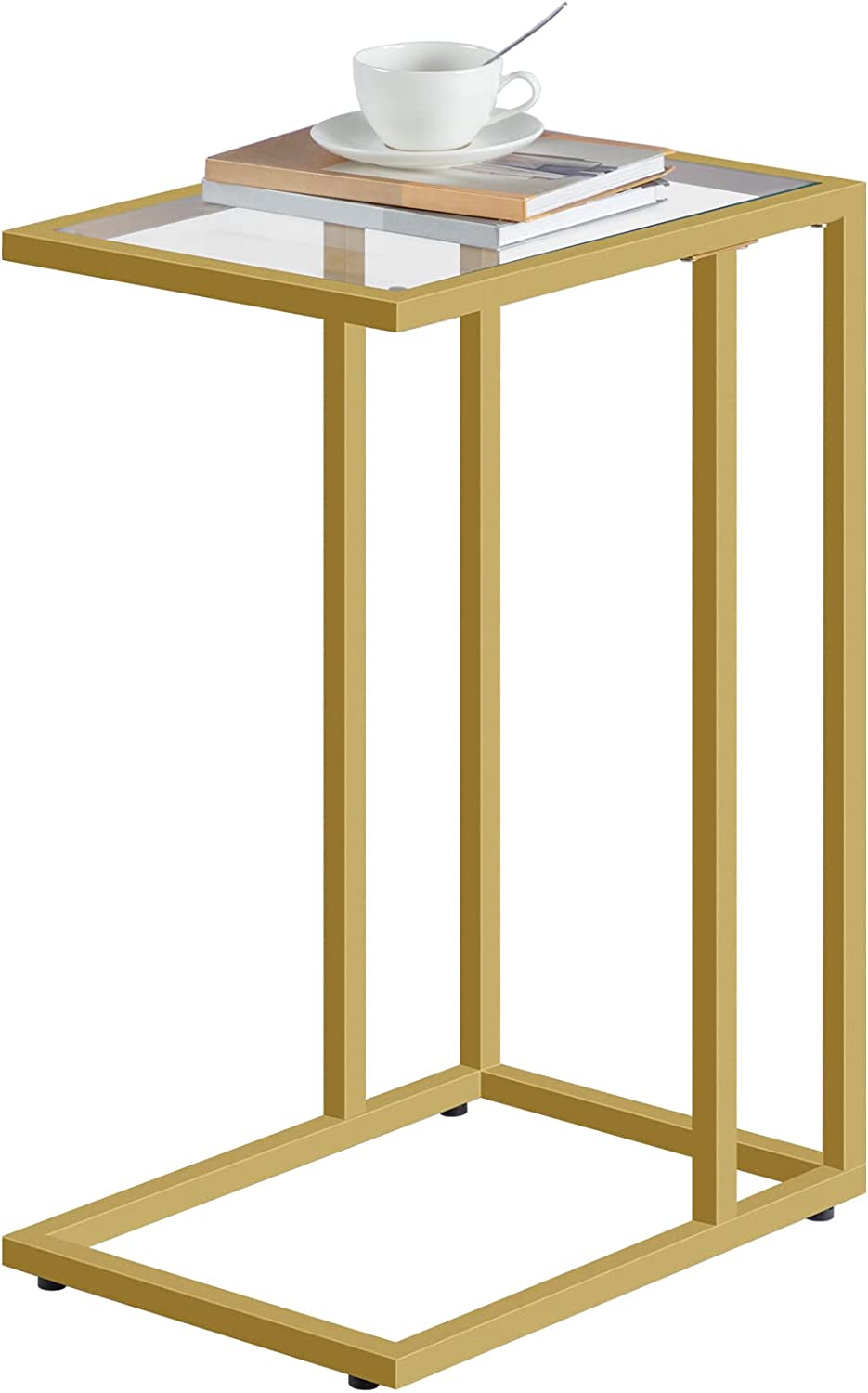 C Shaped End Table, Tempered Glass Snack Side Table with Metal Frame, TV Tray Table