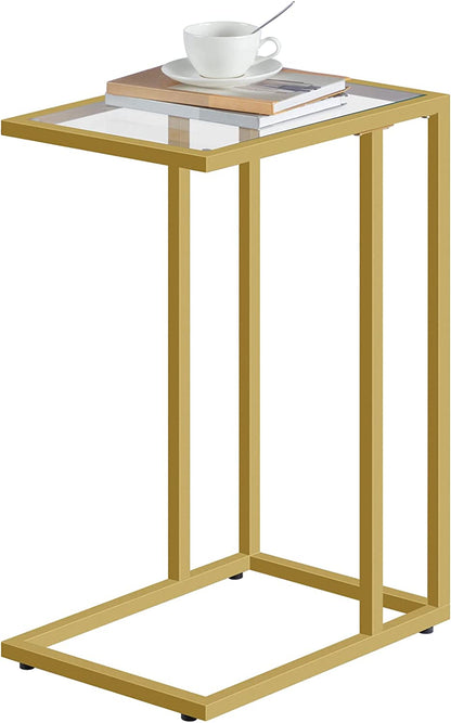 C Shaped End Table, Tempered Glass Snack Side Table with Metal Frame, TV Tray Table