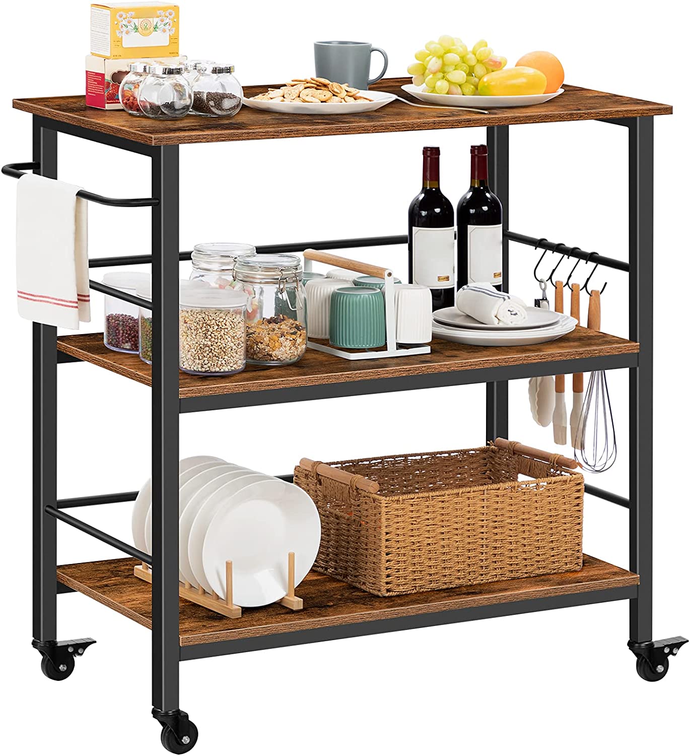 Kitchen Island with Storage,Industrial Kitchen Counter with Hooks and Side Enclosures