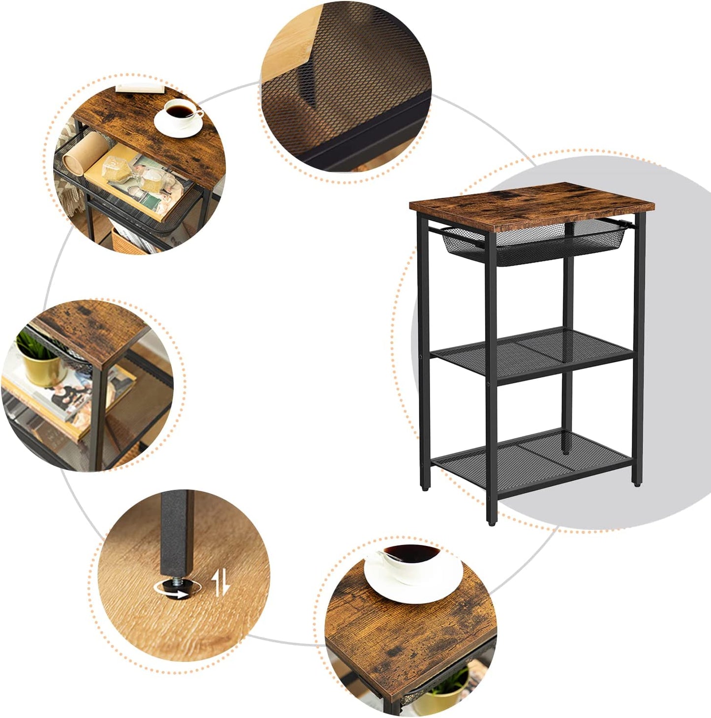 Tall Side Table, Industrial End Table with Adjustable Metal Mesh Basket, Telephone Table with Storage Shelf