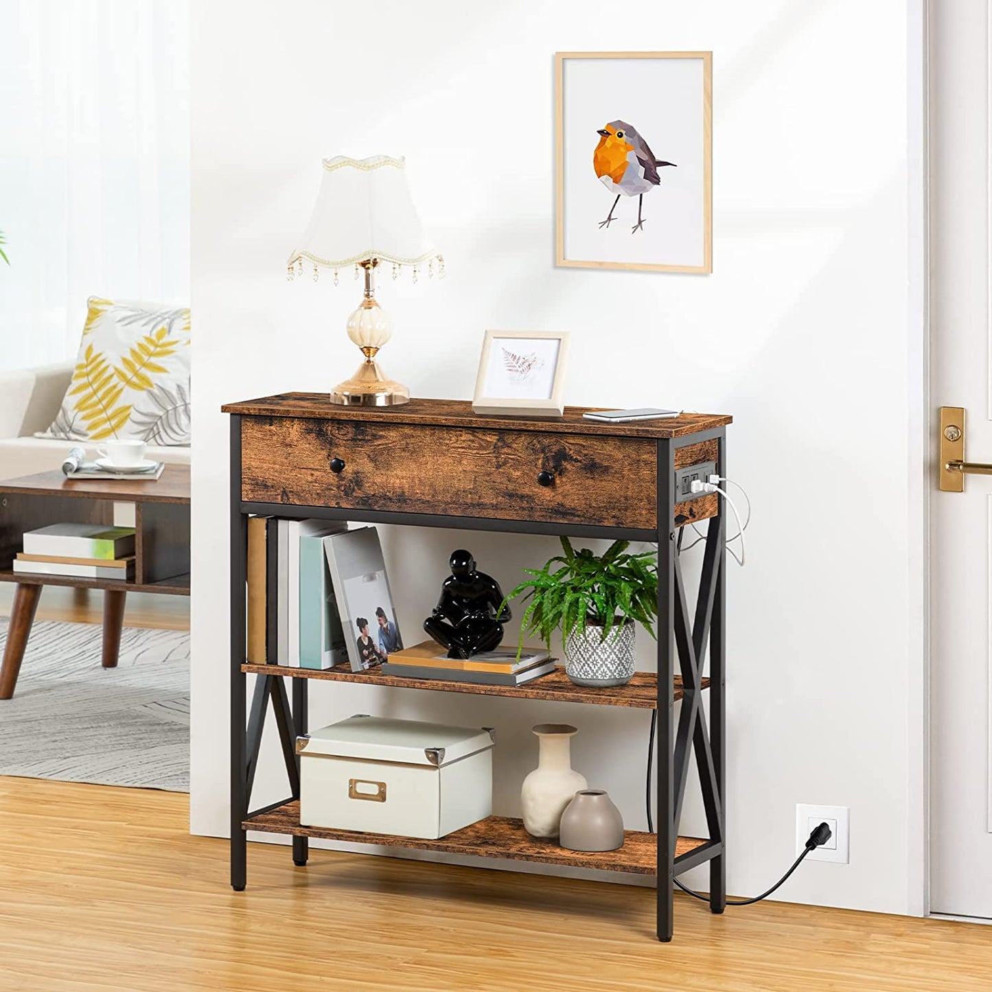 Console Table with Outlets and USB Ports, Narrow Entryway Table with Drawer