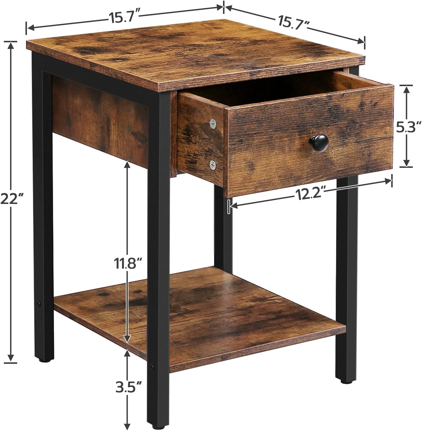 Nightstand, 2-Tier End Table, Industrial Side Table with Drawer and Storage Shelf
