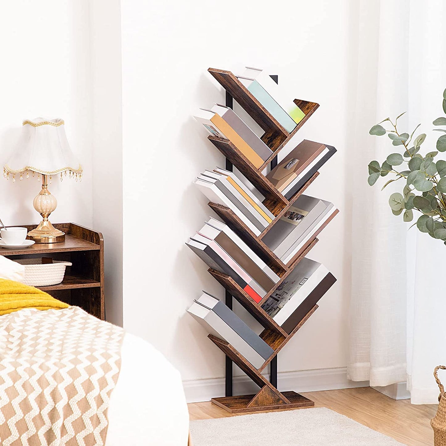 Tree Bookshelf, 9-Tier Bookcase Wooden Shelves, Floor Standing Storage Rack