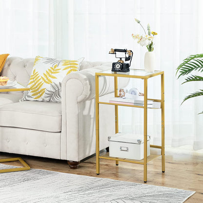 Tall End Table, Tempered Glass Telephone Table with Mesh Shelf, 3-Tier High and Narrow Side Table