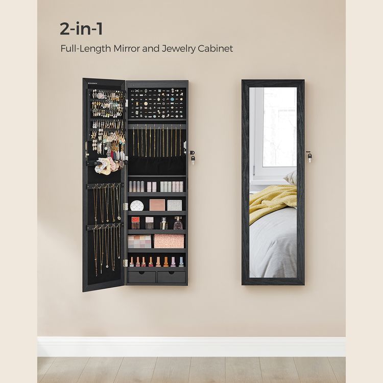 Mirror Jewelry Cabinet, 47.2" H Lockable Wall/Door Mounted Jewelry Armoire, 6 LEDs