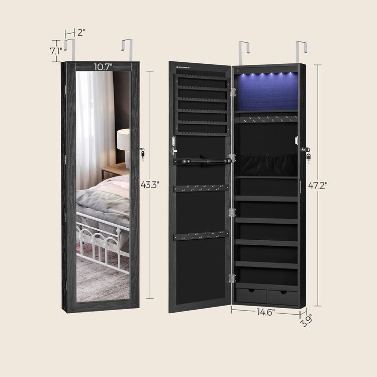 Mirror Jewelry Cabinet, 47.2" H Lockable Wall/Door Mounted Jewelry Armoire, 6 LEDs