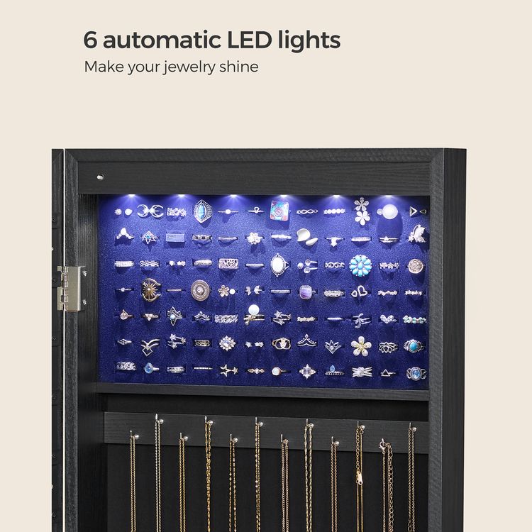Mirror Jewelry Cabinet, 47.2" H Lockable Wall/Door Mounted Jewelry Armoire, 6 LEDs