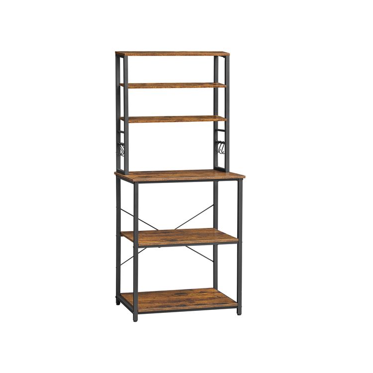 Baker's Rack, Microwave Oven Stand, 6 Hooks, 15.7 x 23.6 x 65.7 Inches, Rustic Brown