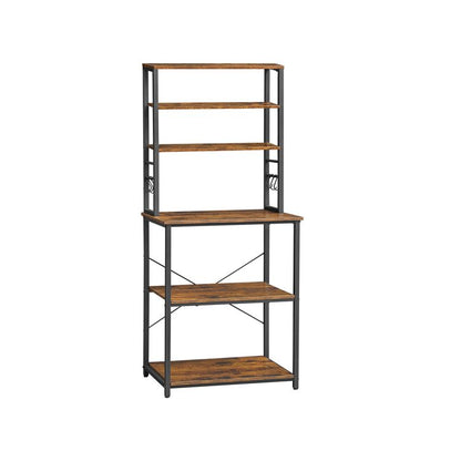 Baker's Rack, Microwave Oven Stand, 6 Hooks, 15.7 x 23.6 x 65.7 Inches, Rustic Brown
