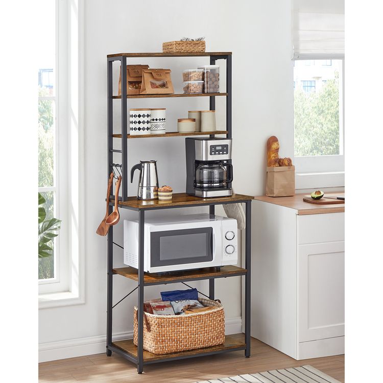 Baker's Rack, Microwave Oven Stand, 6 Hooks, 15.7 x 23.6 x 65.7 Inches, Rustic Brown
