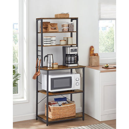 Baker's Rack, Microwave Oven Stand, 6 Hooks, 15.7 x 23.6 x 65.7 Inches, Rustic Brown