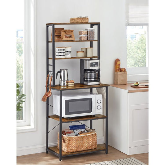 Baker's Rack, Microwave Oven Stand, 6 Hooks, 15.7 x 23.6 x 65.7 Inches, Rustic Brown