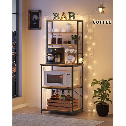 Baker's Rack, Microwave Oven Stand, 6 Hooks, 15.7 x 23.6 x 65.7 Inches, Rustic Brown