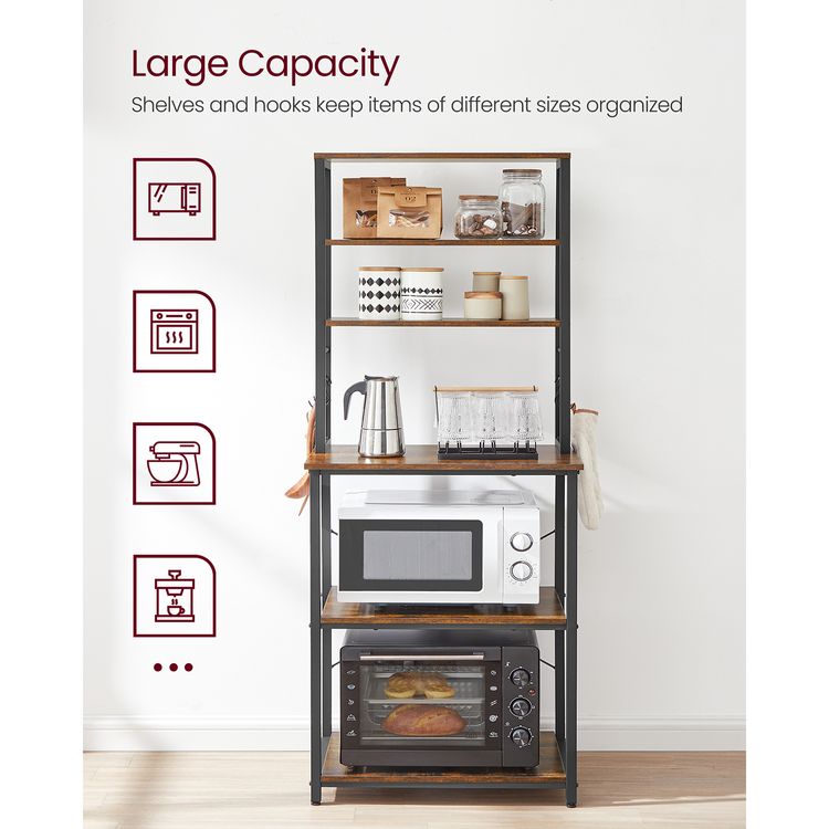 Baker's Rack, Microwave Oven Stand, 6 Hooks, 15.7 x 23.6 x 65.7 Inches, Rustic Brown