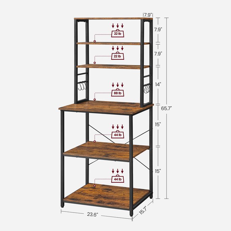 Baker's Rack, Microwave Oven Stand, 6 Hooks, 15.7 x 23.6 x 65.7 Inches, Rustic Brown