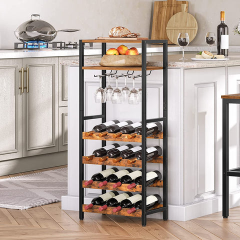Freestanding Wine Rack, 16-Bottle Wine Storage Rack with Tabletop and Glass Holder, 6-Tier Bar Rack