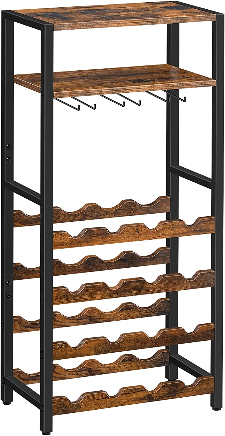 Freestanding Wine Rack, 16-Bottle Wine Storage Rack with Tabletop and Glass Holder, 6-Tier Bar Rack