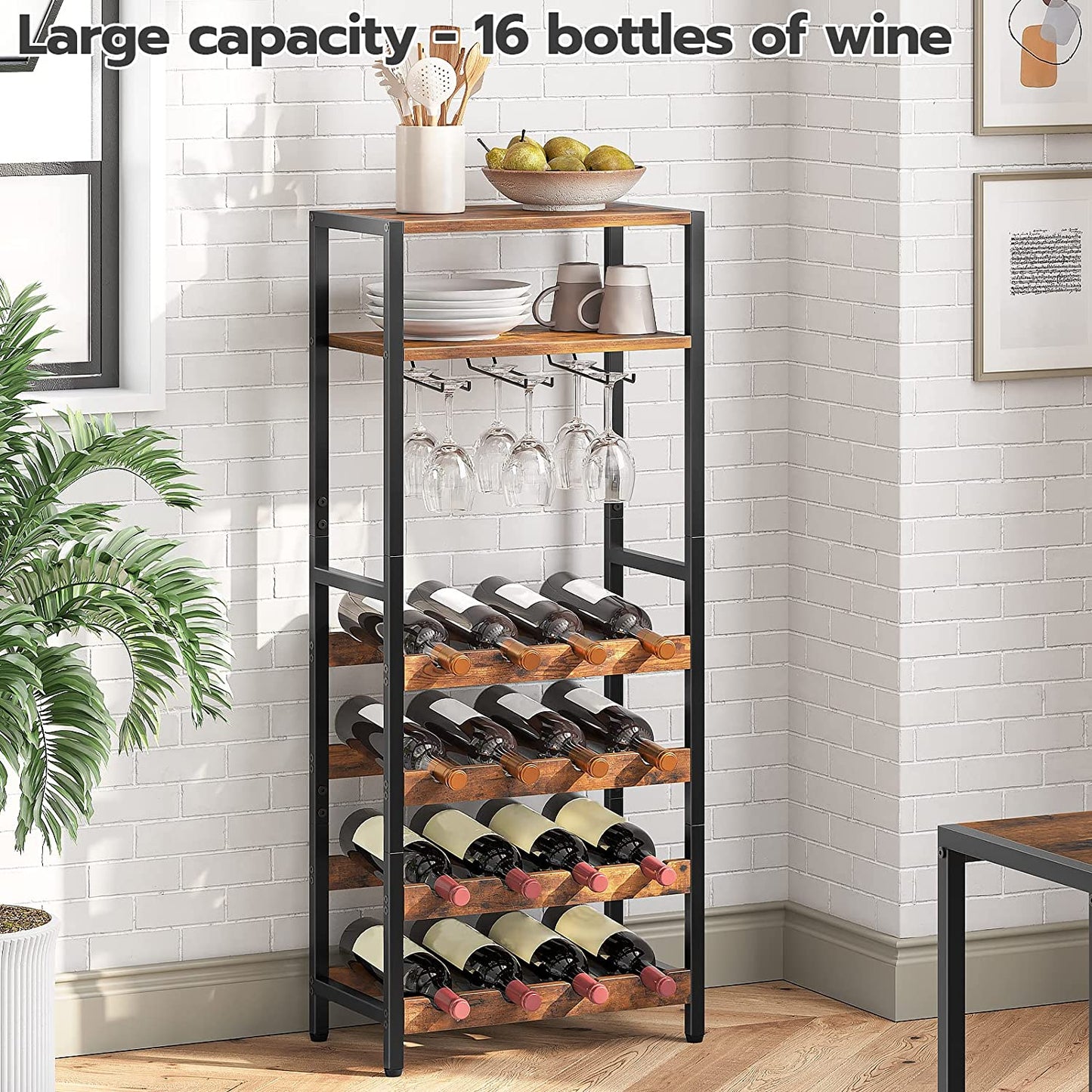 Freestanding Wine Rack, 16-Bottle Wine Storage Rack with Tabletop and Glass Holder, 6-Tier Bar Rack