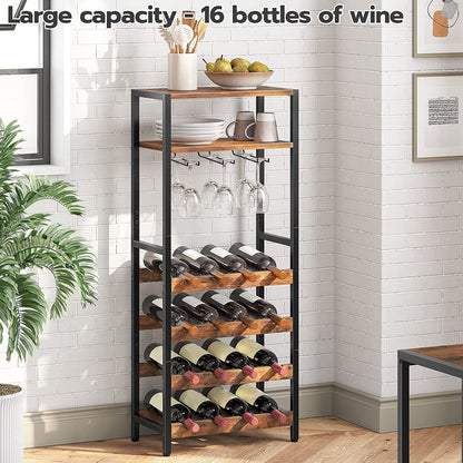 Freestanding Wine Rack, 16-Bottle Wine Storage Rack with Tabletop and Glass Holder, 6-Tier Bar Rack