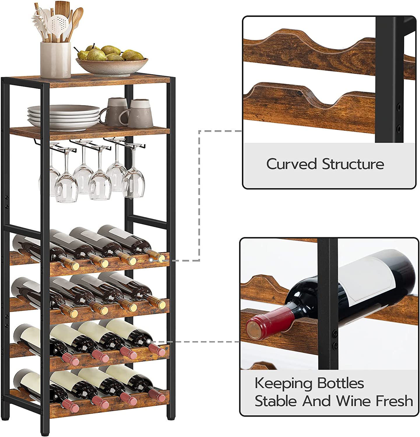 Freestanding Wine Rack, 16-Bottle Wine Storage Rack with Tabletop and Glass Holder, 6-Tier Bar Rack