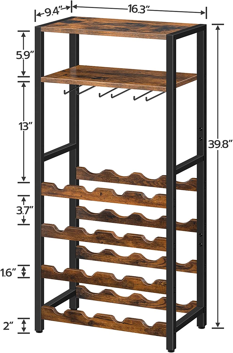 Freestanding Wine Rack, 16-Bottle Wine Storage Rack with Tabletop and Glass Holder, 6-Tier Bar Rack