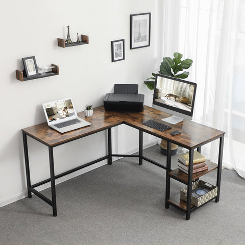 Industrial L-Shaped Computer Desk with Shelves - HWLEXTRA