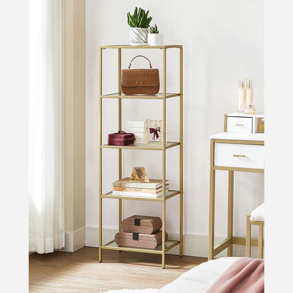 Bookcase, 5-Tier Bookshelf, Slim Shelving Unit for Bedroom, Tempered Glass, Tempered Glass - HWLEXTRA 