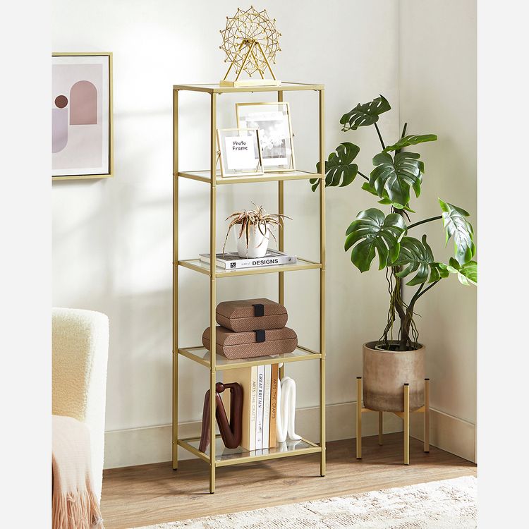 Bookcase, 5-Tier Bookshelf, Slim Shelving Unit for Bedroom, Tempered Glass, Tempered Glass - HWLEXTRA 