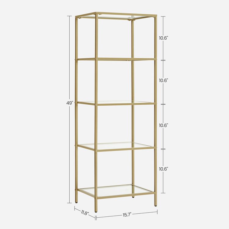 Bookcase, 5-Tier Bookshelf, Slim Shelving Unit for Bedroom, Tempered Glass, Tempered Glass - HWLEXTRA 