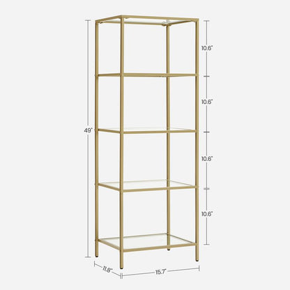 Bookcase, 5-Tier Bookshelf, Slim Shelving Unit for Bedroom, Tempered Glass, Tempered Glass - HWLEXTRA 