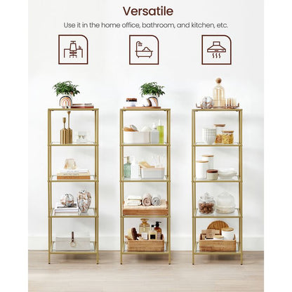 Bookcase, 5-Tier Bookshelf, Slim Shelving Unit for Bedroom, Tempered Glass, Tempered Glass - HWLEXTRA 