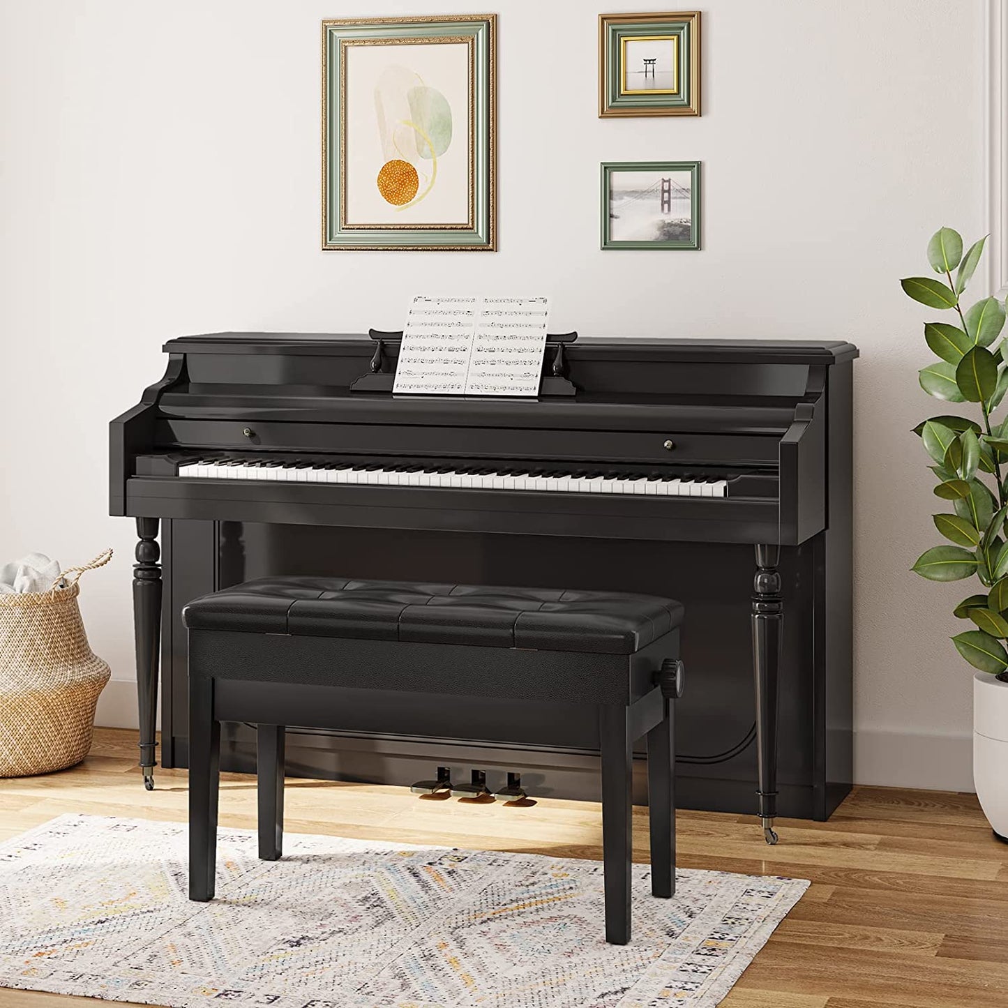 Adjustable Duet Piano Bench with Padded Cushion and Storage Compartment for Music Sheet, Music Bench