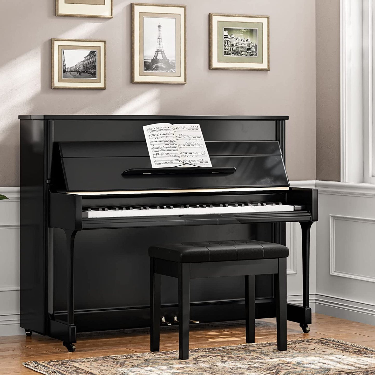 Piano Bench with Padded Cushion and Storage Compartment for Music Sheet