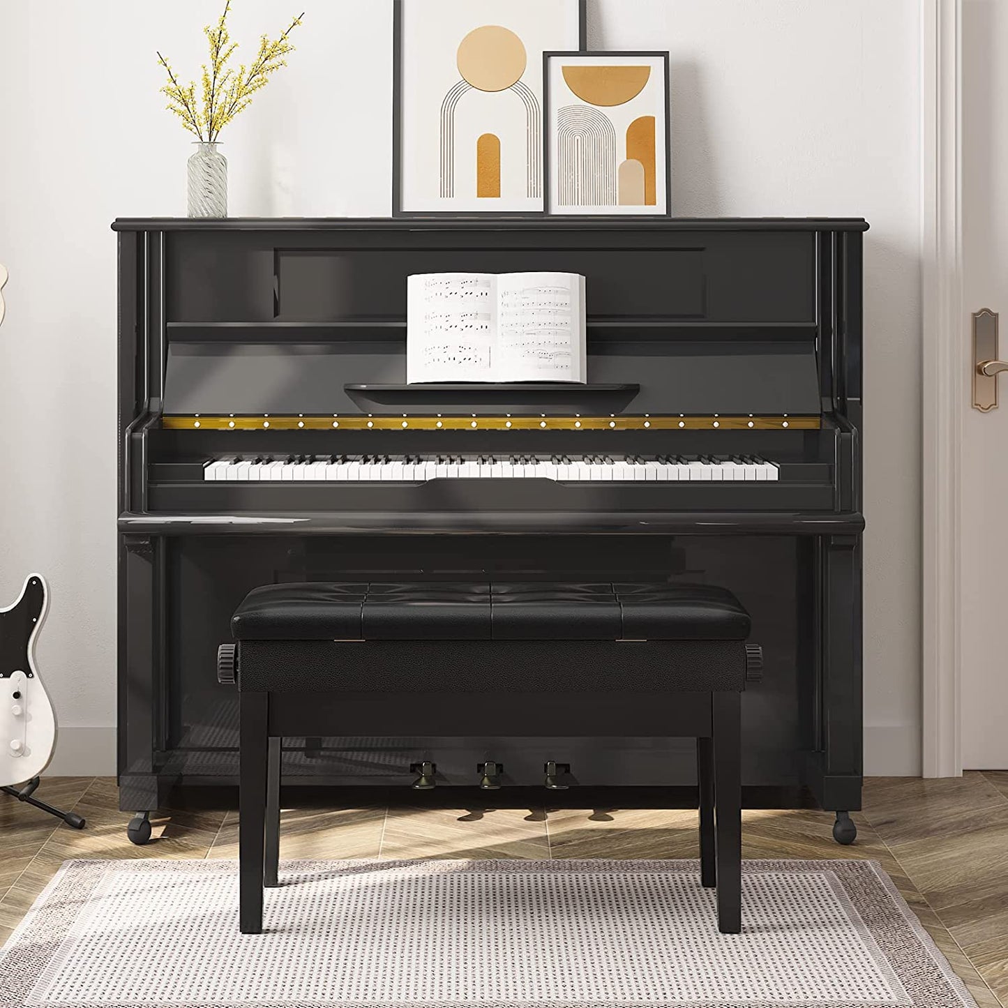 Adjustable Duet Piano Bench with Padded Cushion and Storage Compartment for Music Sheet, Music Bench