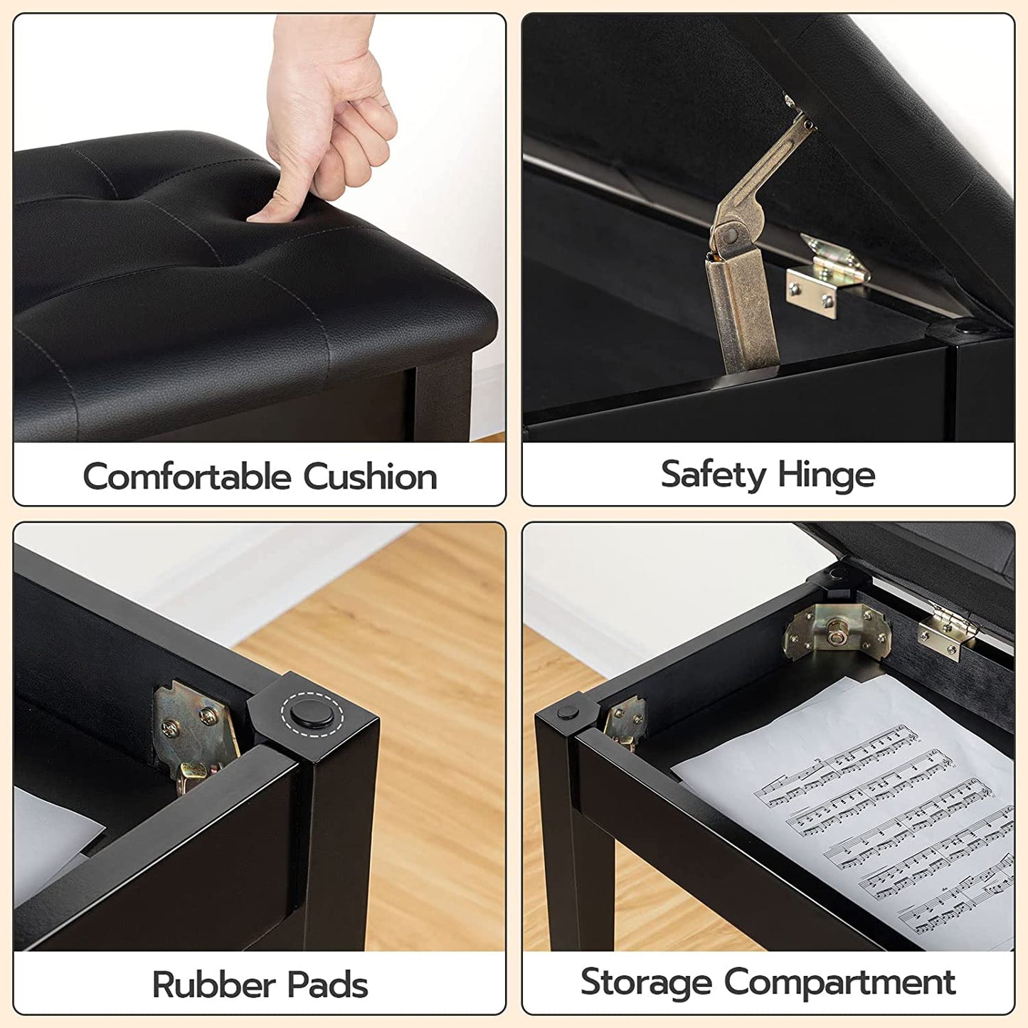 Piano Bench with Padded Cushion and Storage Compartment for Music Sheet