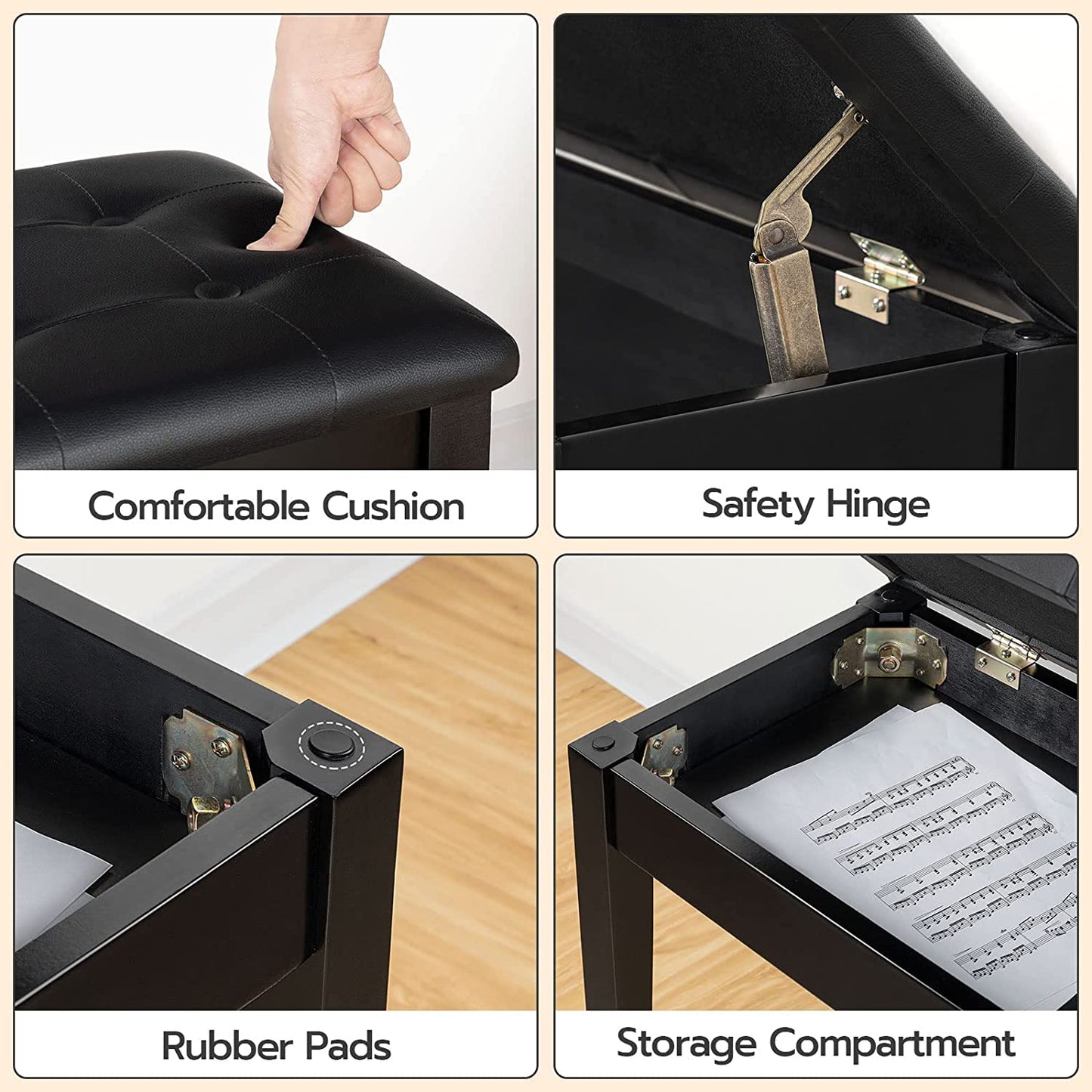 Piano Bench with Padded Cushion and Storage Compartment for Music Sheet, Music Bench, Piano Stool, Vanity Chair