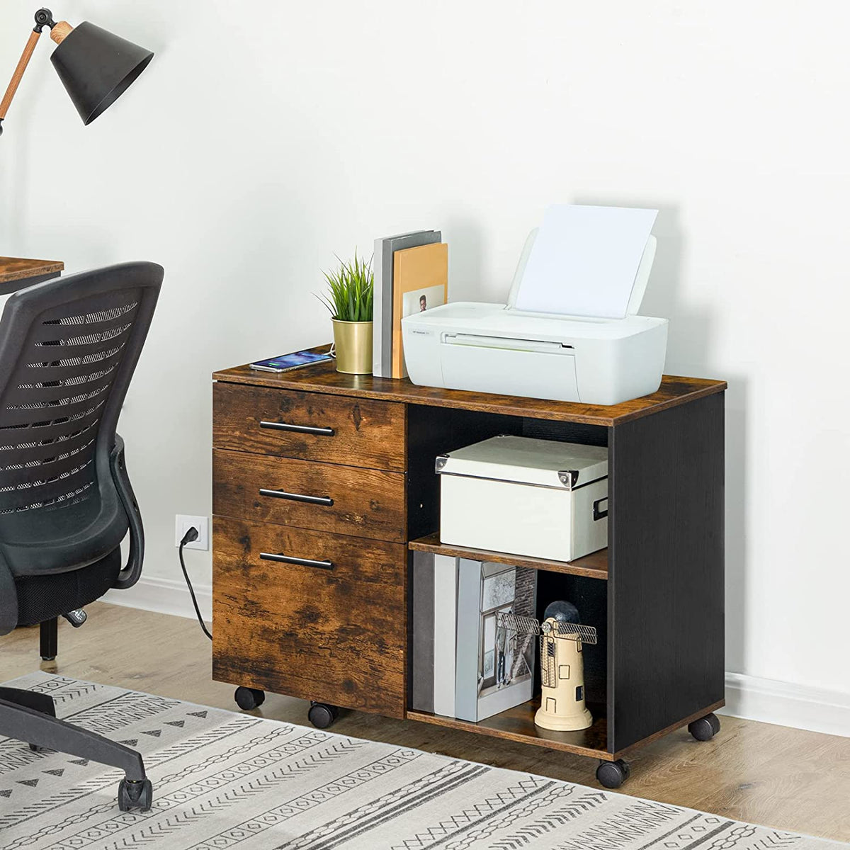 File Cabinet, Lateral Filing Cabinet with Socket, USB Charging Port, 3-Drawer, Printer Stand