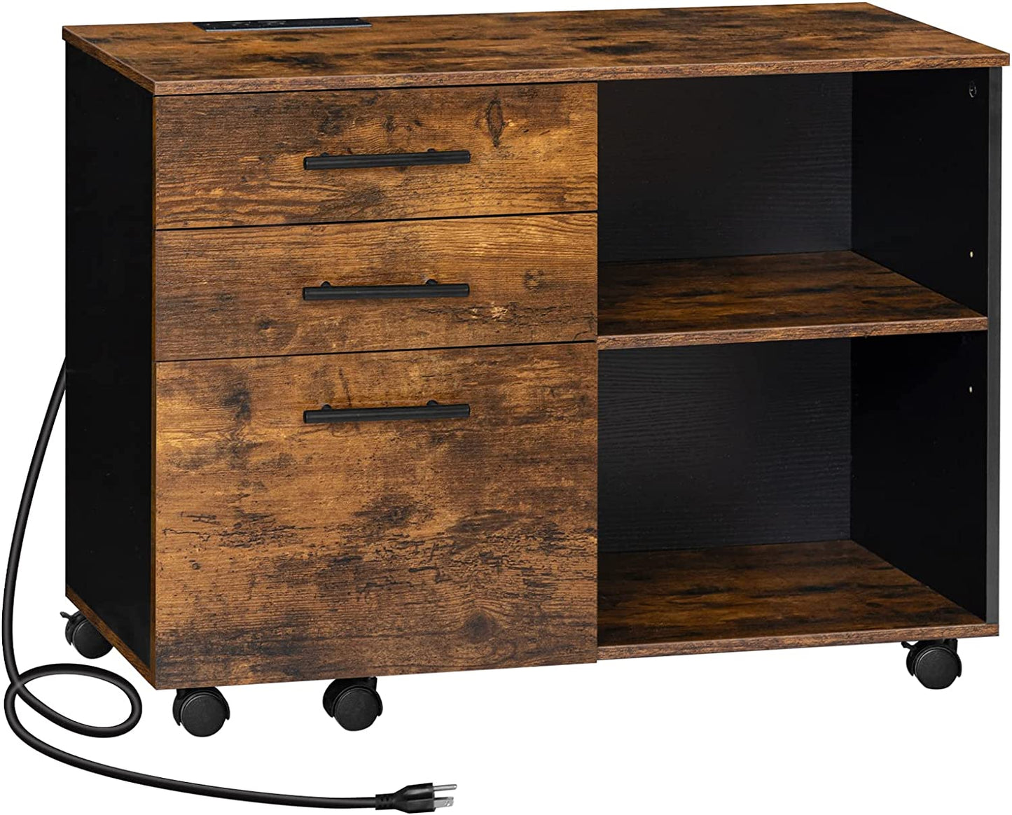 File Cabinet, Lateral Filing Cabinet with Socket, USB Charging Port, 3-Drawer, Printer Stand