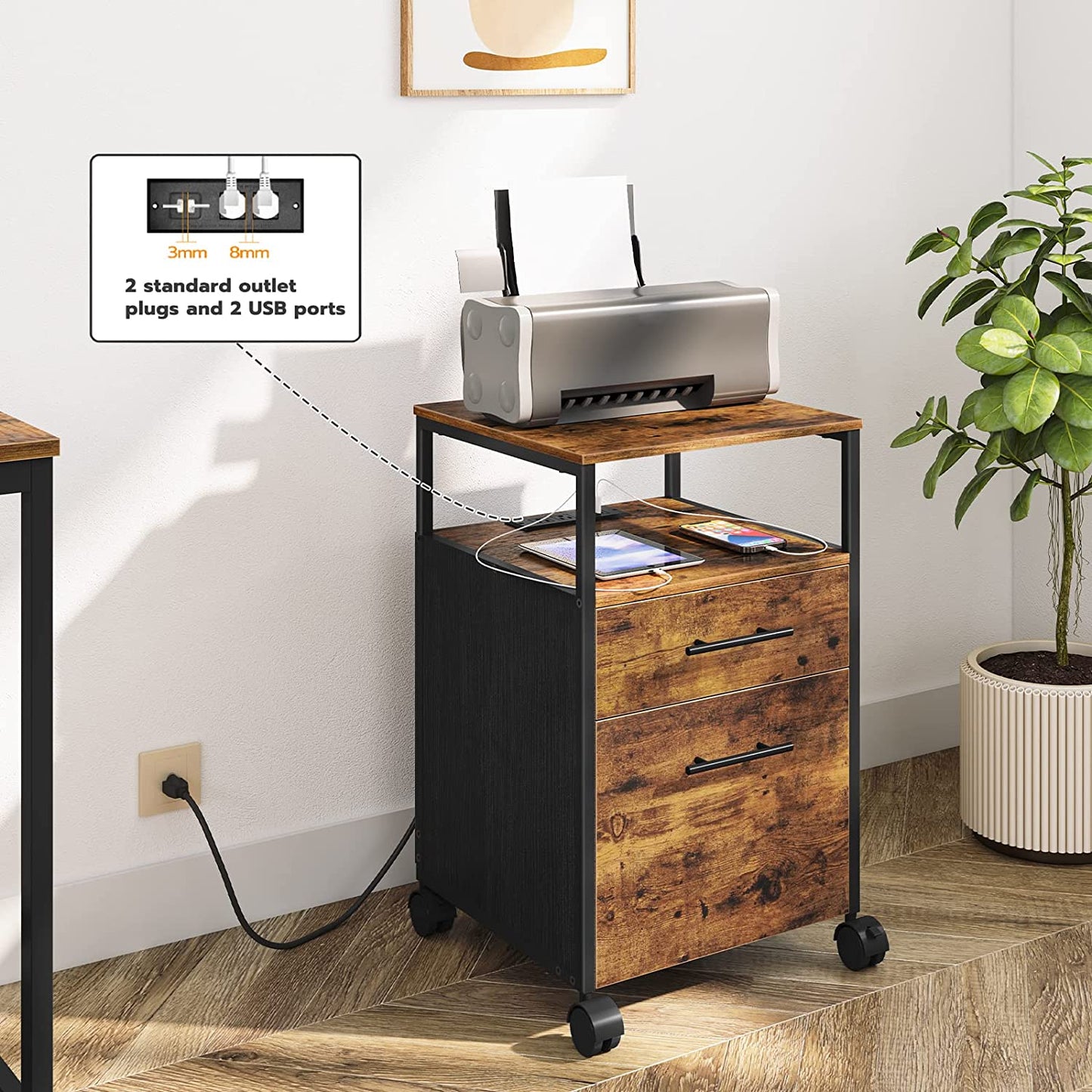 File Cabinet with Socket and USB Charging Port, 2 Drawers Filing Cabinet, Office Cabinet with Open Shelf