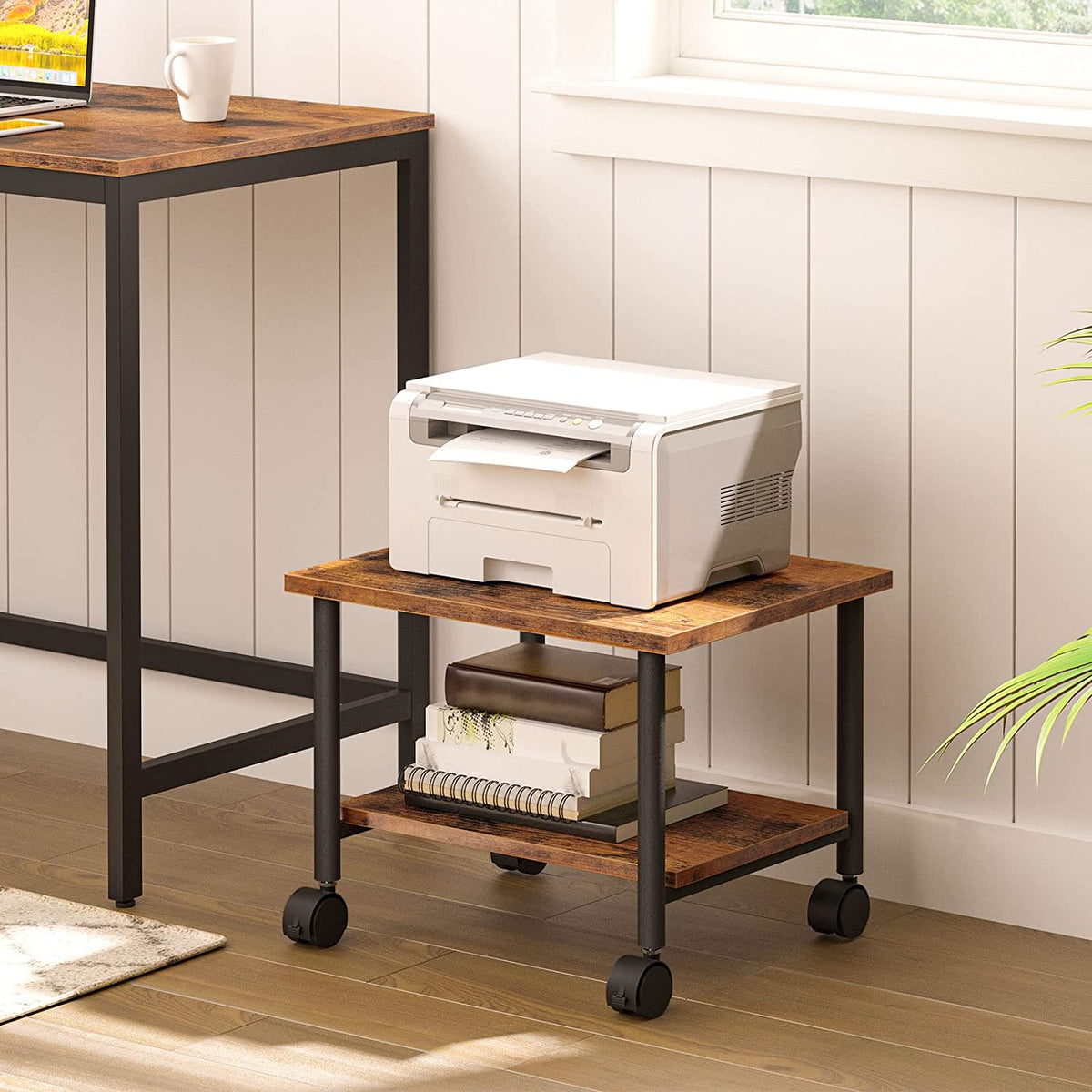 Industrial Printer Stand, 2-Tier Printer Cart with Storage, Under Desk Storage Cart on Wheels